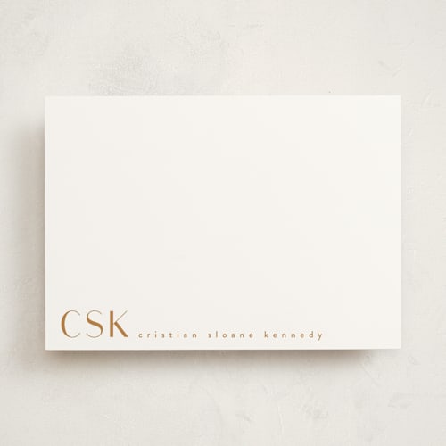 This is a golden personalized stationery thank you cards with standard by Angela Garrick called monogram corner printing on signature in 5x7