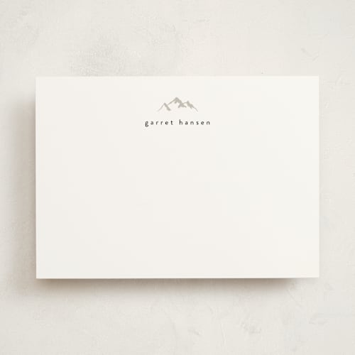 This is a taupe personalized stationery thank you cards with standard by Amy Payne called minimal mountain printing on signature in 5x7