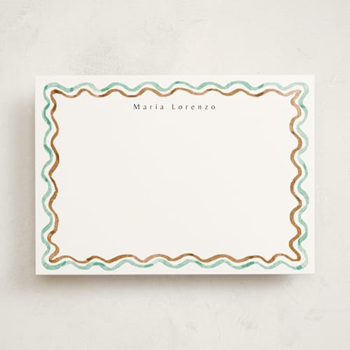 This is a mint chocolate personalized stationery thank you cards with standard by Cass Loh called watercolor wavy border printing on signature in 5x7
