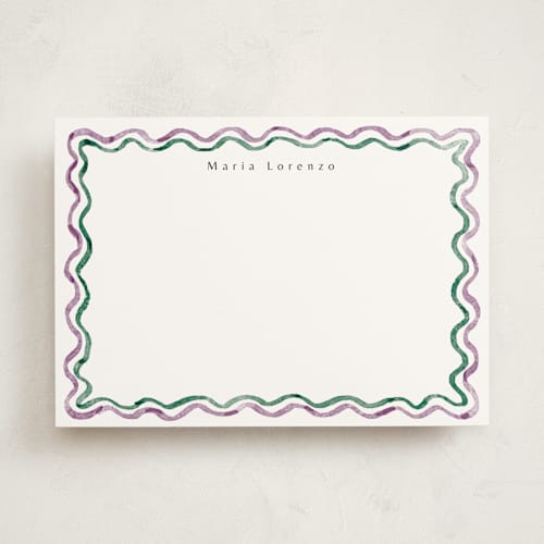 This is a sugar plum personalized stationery thank you cards with standard by Cass Loh called watercolor wavy border printing on signature in 5x7