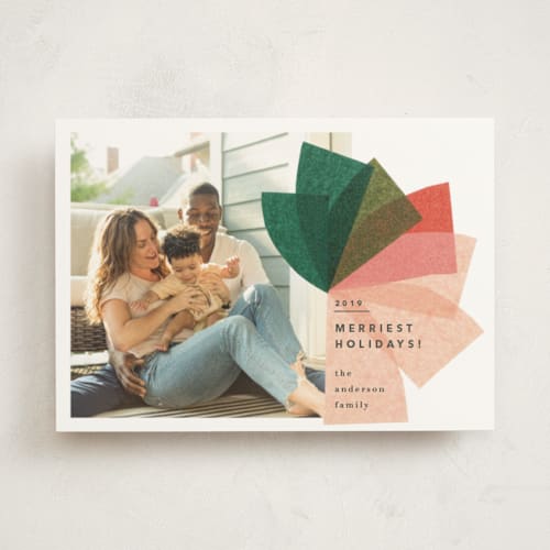 This is a blush holiday photo cards with standard by Carrie Moradi called mod bow printing on signature in standard