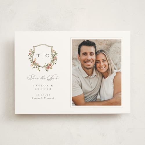 This is a mulberry save the date photo mount cards with standard by Everett Paper Goods called foliage crest printing on party paper in photo_mount