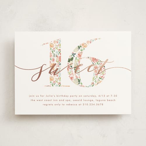 This is a peach sweet sixteen birthday party invitations with foil pressed by Becky Nimoy called floral filled 16 printing on signature in standard