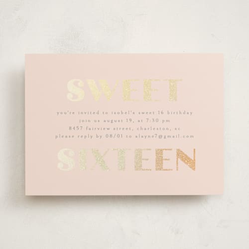 This is a blush sweet sixteen birthday party invitations with foil pressed by Angela Thompson called glittery printing on signature in standard