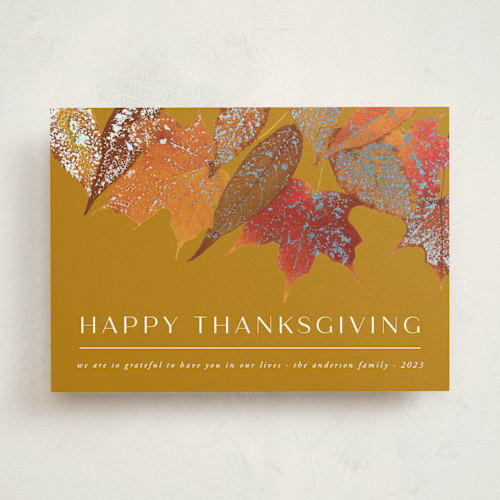 This is a sunflower thanksgiving cards invitations with foil pressed by Heather Schertzer called gilded autumn leaves printing on signature in standard