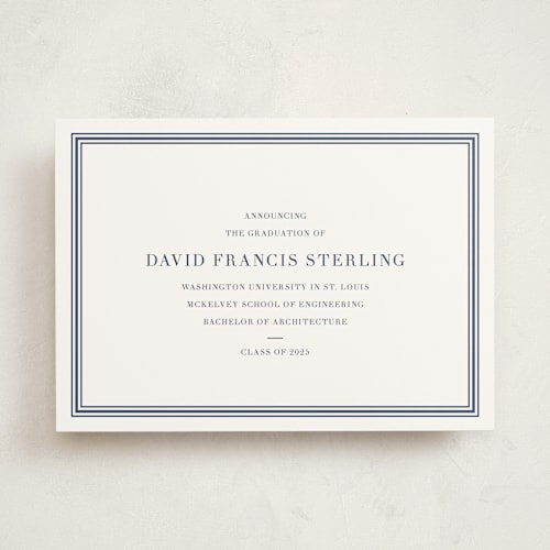 This is a navy graduation announcements with standard by Megan Davis called scholarly spirit printing on signature in standard