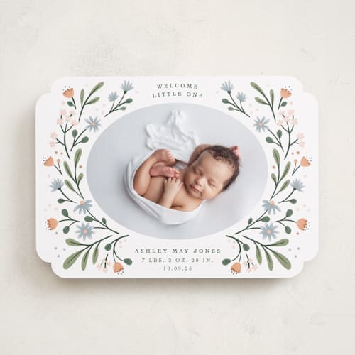 This is a peach birth announcements with standard by Alice Nelen called spring blooms printing on recycled smooth signature in standard
