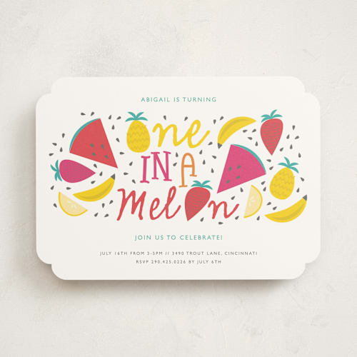This is a honey drew kids birthday invitations with standard by Bethany Anderson called one in a melon printing on signature in standard