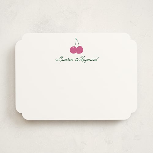 This is a fuchsia personalized stationery thank you cards with standard by Inkblot Design called cheery cherry printing on signature in 5x7