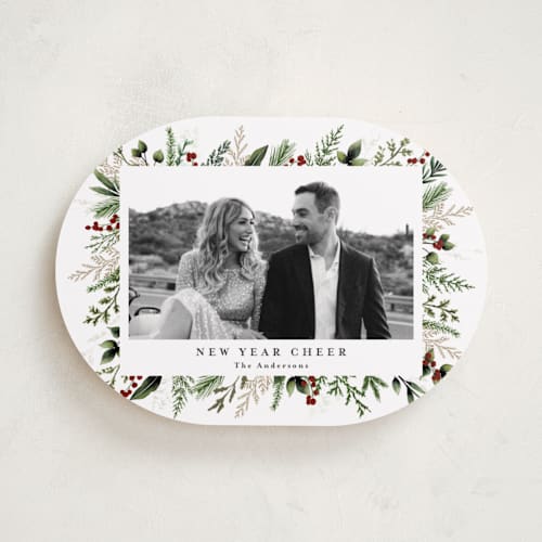 This is a peppermint holiday photo cards with standard by Susan Moyal called classic greenery printing on recycled smooth signature in standard