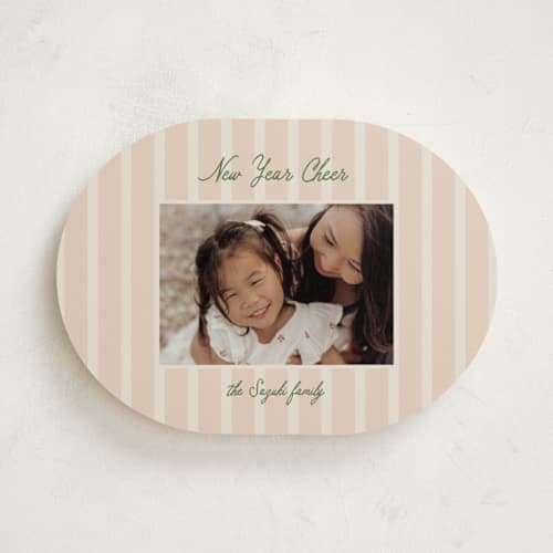 This is a salmon holiday photo cards with standard by Ellen Schlegelmilch called script & stripes printing on recycled smooth signature in standard