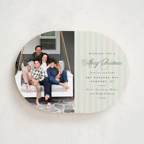 This is a juniper holiday photo cards with standard by Olivia Raufman called charming stripe printing on recycled smooth signature in standard