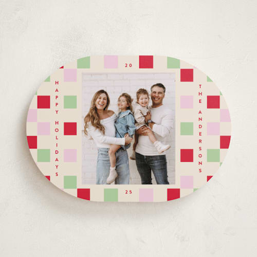 This is a cranberry holiday photo cards with standard by Katie Zimpel called happy checkers printing on recycled smooth signature in standard