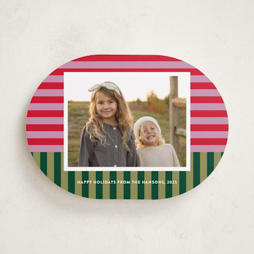 This is a candy cane holiday photo cards with standard by Shari Margolin called festive stripes printing on recycled smooth signature in standard