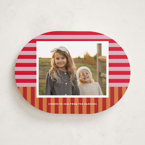 This is a nutmeg holiday photo cards with standard by Shari Margolin called festive stripes printing on recycled smooth signature in standard