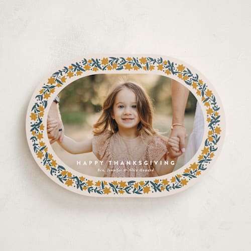 This is a golden thanksgiving cards invitations with standard by Amy Kross called stamped blooms printing on recycled smooth signature in standard