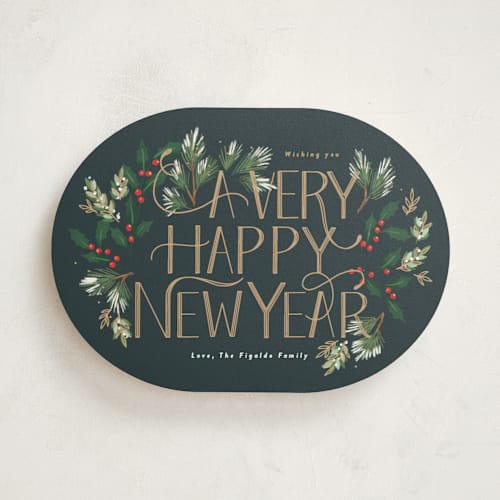 This is a wreath non photo holiday cards with standard by Rebecca Durflinger called a very merry christmas botanicals printing on signature in standard