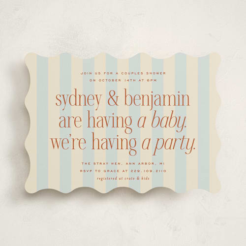 This is a powder blue baby shower invitations with standard by Ellen Schlegelmilch called we're having a party printing on signature in standard