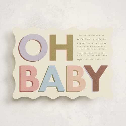 This is a muted baby shower invitations with standard by Ellen Schlegelmilch called block letters printing on signature in standard