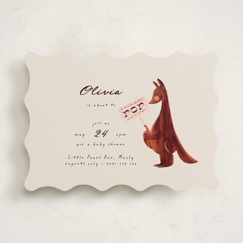 This is a cream baby shower invitations with standard by Gwen Bedat called kangaroo pop printing on signature in standard