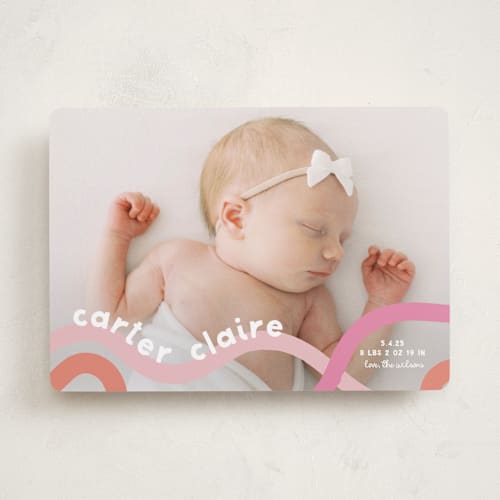 This is a peach sherbet birth announcements with standard by Lauren Chism called wiggle worm printing on smooth signature in standard