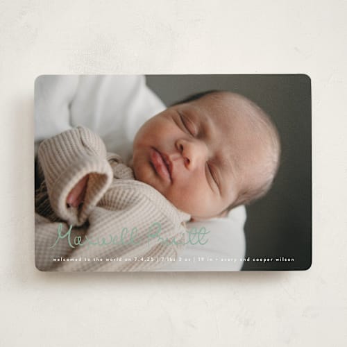 This is a sage birth announcements with standard by Lauren Chism called written whimsy printing on recycled smooth signature in standard