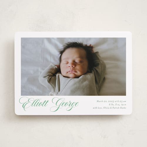 This is a clover birth announcements with standard by Megan Davis called hollis printing on smooth signature in standard