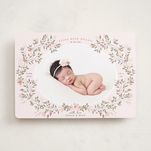 This is a blush birth announcements with standard by Susan Moyal called sweet floral vine printing on smooth signature in standard