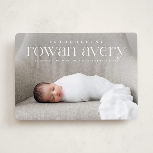 This is a cotton birth announcements with standard by Olivia Raufman called exemplary printing on smooth signature in standard