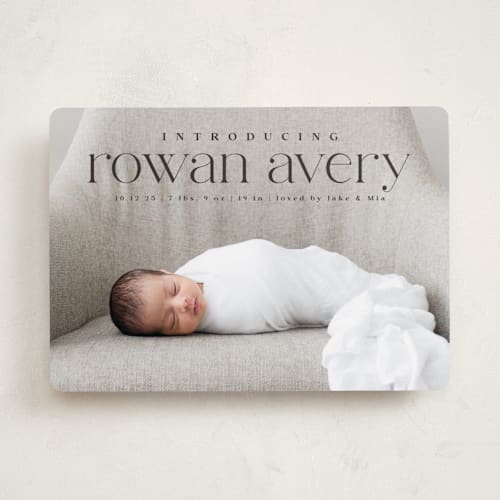This is a galaxy birth announcements with standard by Olivia Raufman called exemplary printing on smooth signature in standard