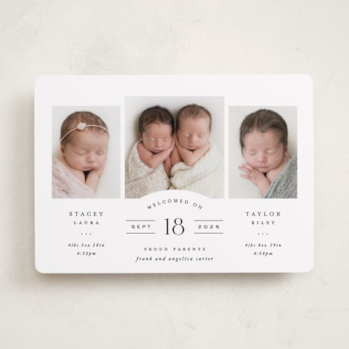 This is a midnight birth announcements with standard by Hooray Creative called twinsies printing on smooth signature in standard