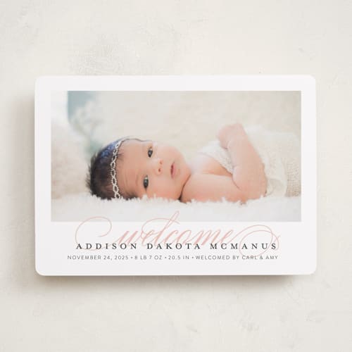 This is a flamingo birth announcements with standard by Jessica Williams called graceful entrance printing on smooth signature in standard