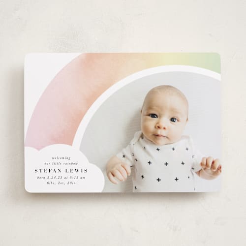 This is a rainbow birth announcements with standard by Lori Wemple called pretty rainbow printing on smooth signature in standard