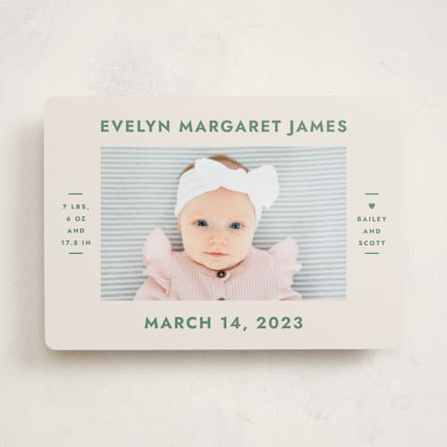 This is a clover birth announcements with standard by Megan Davis called present perfect printing on recycled smooth signature in standard