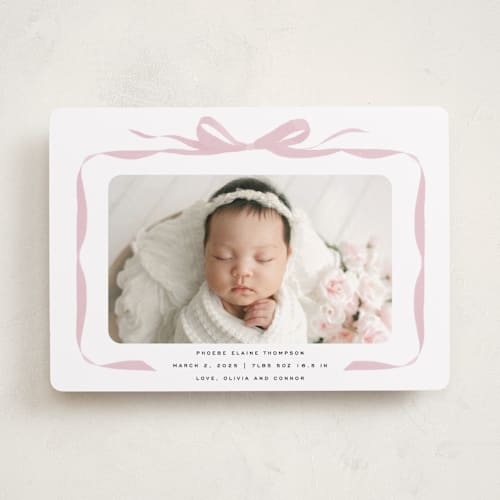 This is a poppy birth announcements with standard by Olivia Kanaley Inman called bow printing on smooth signature in standard