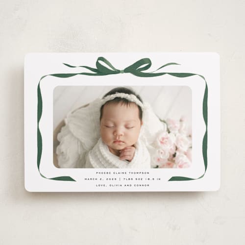 This is a evergreen birth announcements with standard by Olivia Kanaley Inman called bow printing on recycled smooth signature in standard