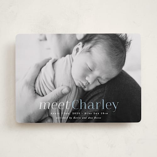 This is a sky blue birth announcements with standard by Hooray Creative called meet charley printing on smooth signature in standard