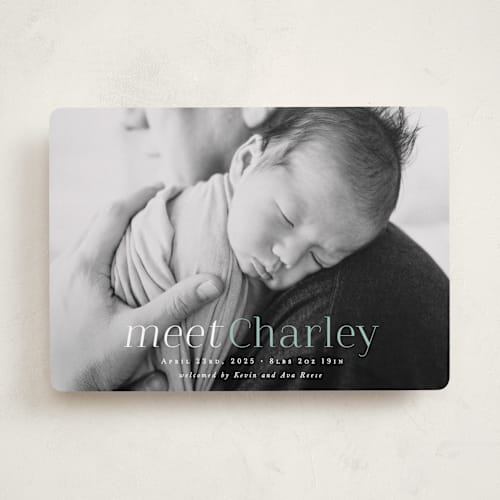 This is a seafoam birth announcements with standard by Hooray Creative called meet charley printing on recycled smooth signature in standard