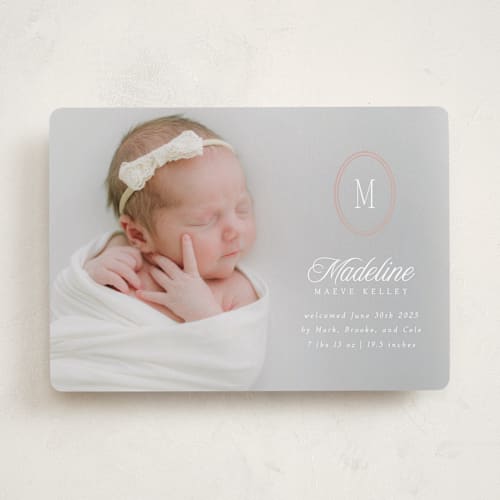 This is a petal birth announcements with standard by Robert and Stella called cameo printing on smooth signature in standard