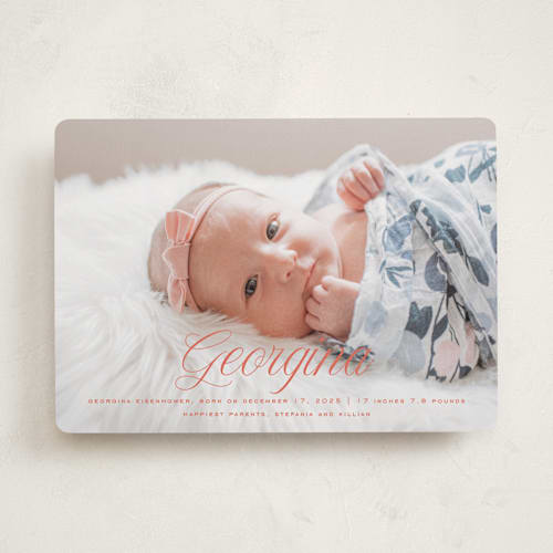 This is a coral birth announcements with standard by chocomocacino called cupcake printing on recycled smooth signature in standard