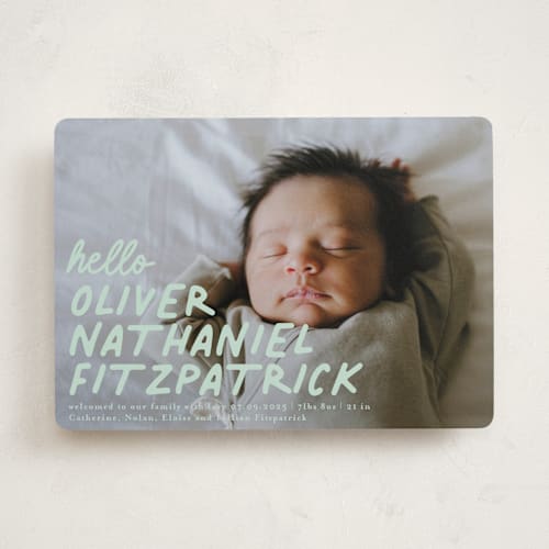 This is a mint birth announcements with standard by Angela Marzuki called casual hello printing on recycled smooth signature in standard