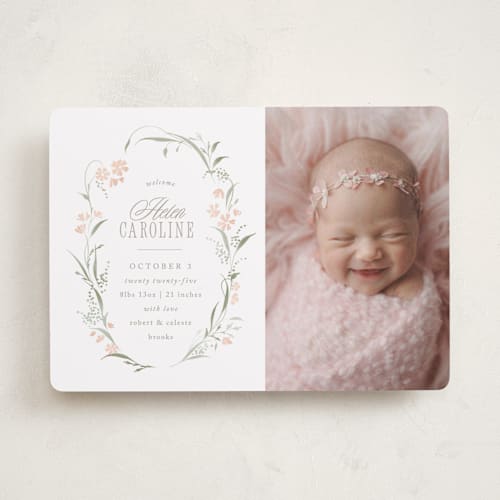 This is a sweet pea birth announcements with standard by Erin L. Wilson called dottie printing on smooth signature in standard