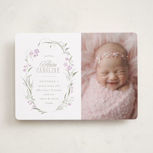 This is a lilac birth announcements with standard by Erin L. Wilson called dottie printing on smooth signature in standard