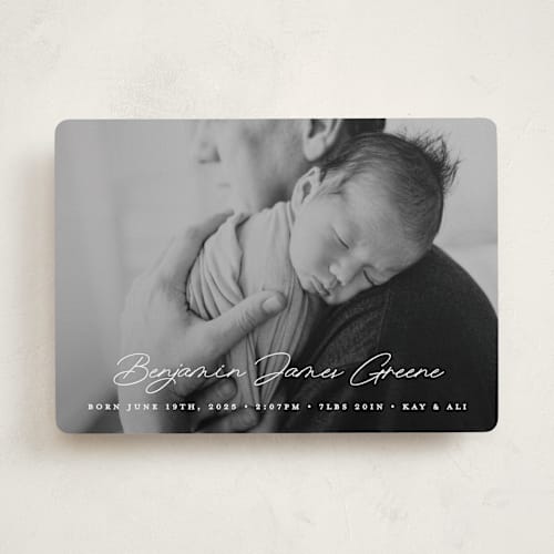 This is a snow birth announcements with standard by Bethan called handwriting printing on smooth signature in standard