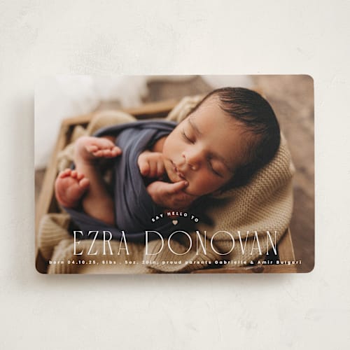 This is a caramel birth announcements with standard by Corinne Malesic called little heart printing on smooth signature in standard