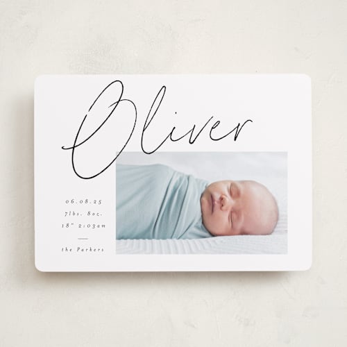 This is a noir birth announcements with standard by AK Graphics called simply printing on recycled smooth signature in standard