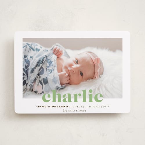 This is a lime birth announcements with standard by Shirley Lin Schneider called bold nickname printing on recycled smooth signature in standard