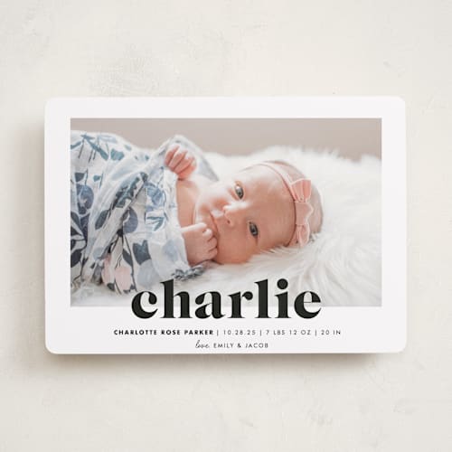This is a midnight birth announcements with standard by Shirley Lin Schneider called bold nickname printing on smooth signature in standard