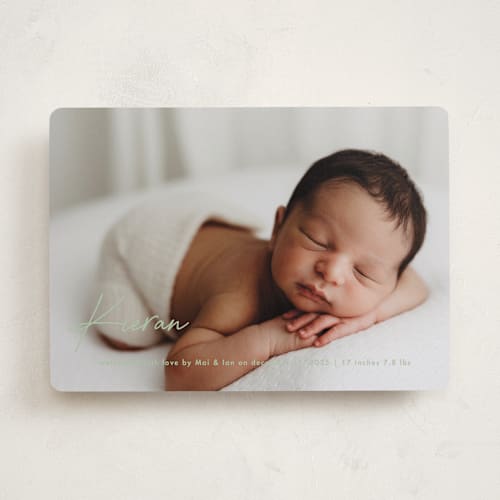 This is a shamrock birth announcements with standard by chocomocacino called raclette printing on recycled smooth signature in standard