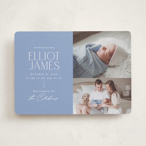 This is a periwinkle birth announcements with standard by Jessica Corliss called announcing elegance printing on recycled smooth signature in standard